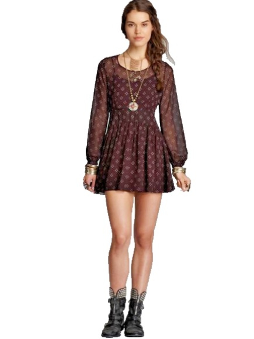 Free People Baby Dee Burgundy Printed Long-Sleeve Mini Dress